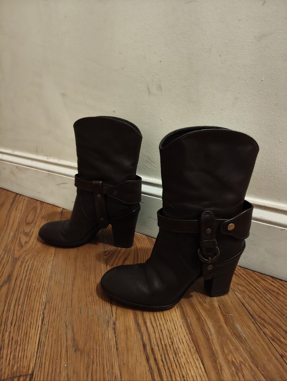 Hogan Dark Brown Leather Mid-Calf Heeled Boots with Harness Detail